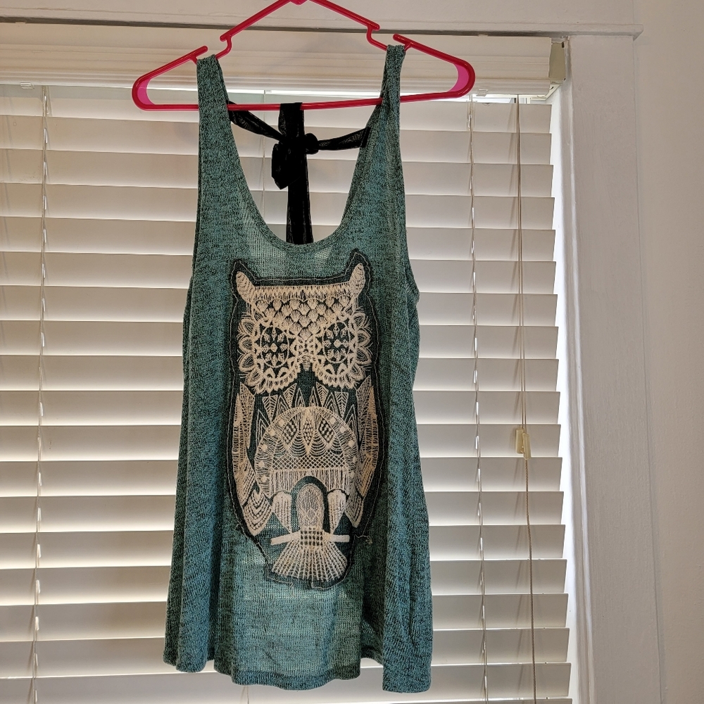 Open back embroidered owl tank